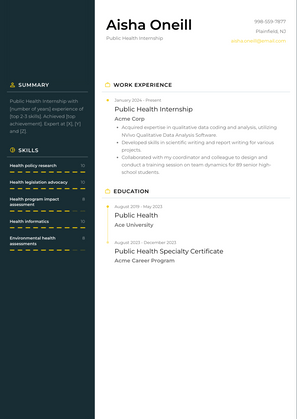 Public Health Internship Resume Sample and Template