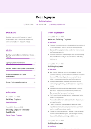 Building Engineer Resume Sample and Template