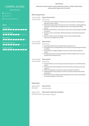 News Anchor Resume Sample and Template