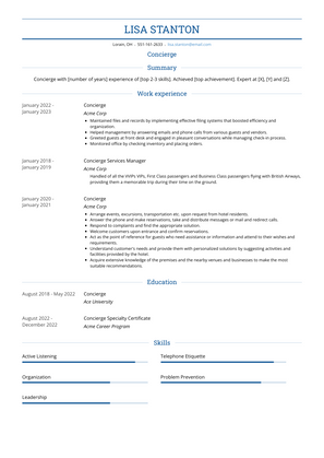 Concierge Resume Sample and Template