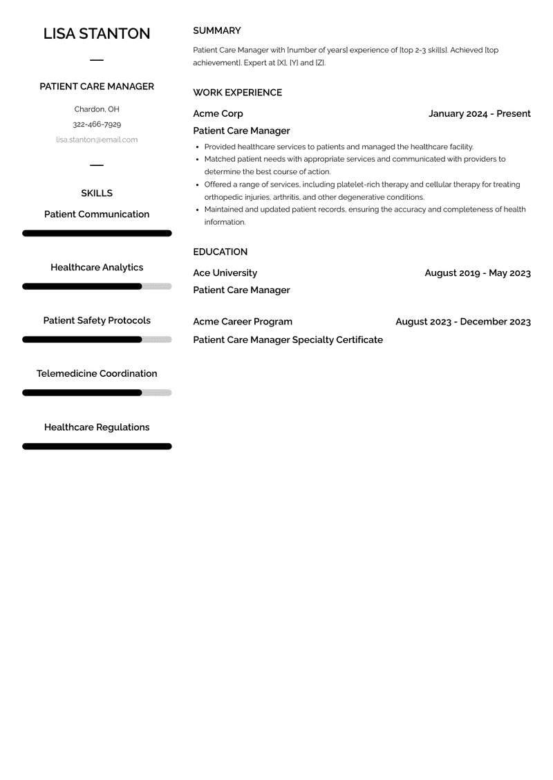 Patient Care Manager Resume Sample and Template