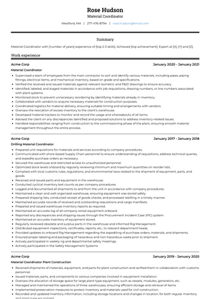 Material Coordinator Resume Sample and Template