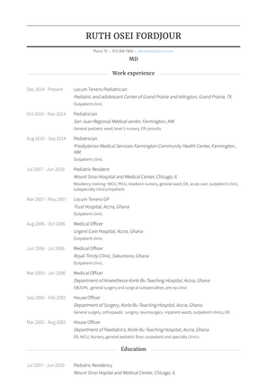 Locum Tenens Pediatrician Resume Sample and Template