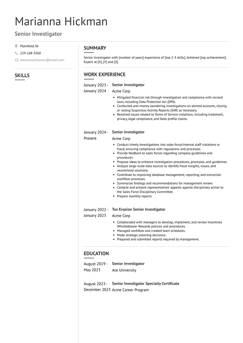 Senior Investigator Resume Sample and Template