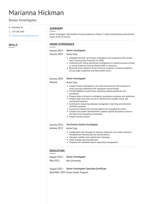 Senior Investigator Resume Sample and Template