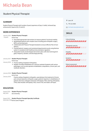 Student Physical Therapist Resume Sample and Template