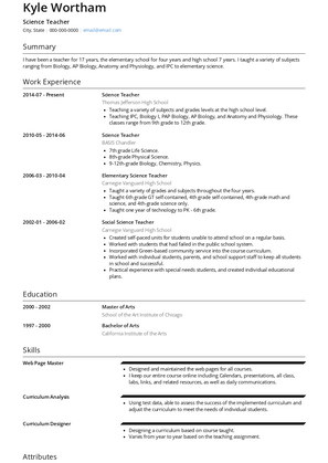 Science Teacher Resume Sample and Template