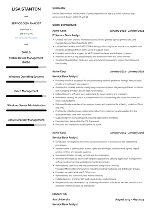 Service Desk Analyst Resume Sample and Template