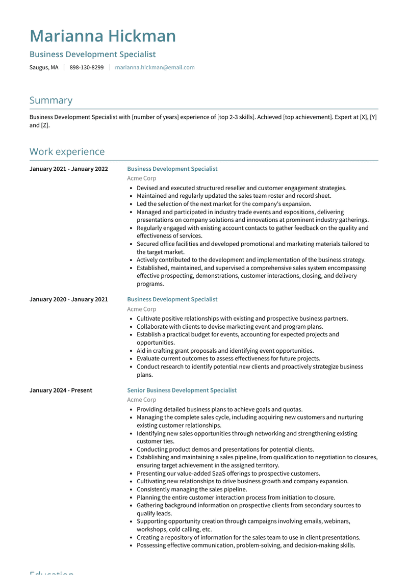 Business Development Specialist Resume Sample and Template