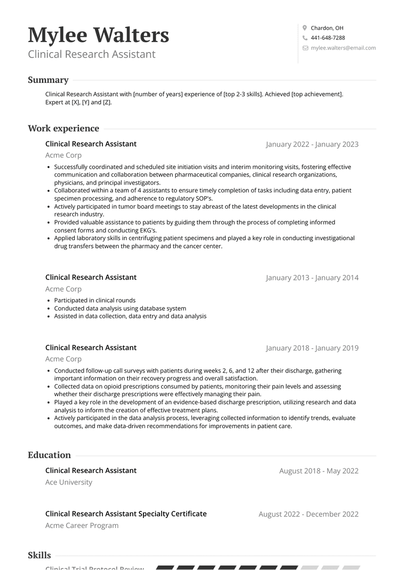 Clinical Research Assistant Resume Sample and Template