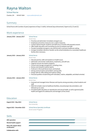 School Nurse Resume Sample and Template