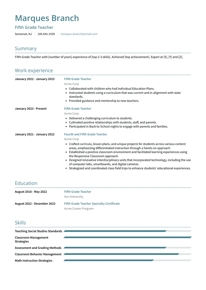 Fifth Grade Teacher Resume Sample and Template