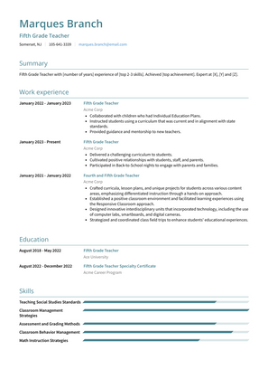 Fifth Grade Teacher Resume Sample and Template