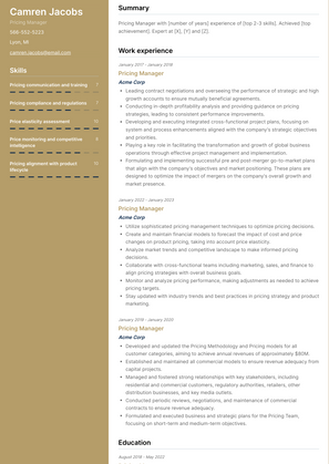 Pricing Manager Resume Sample and Template