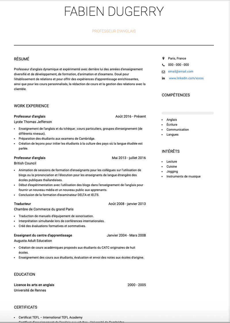 Exemple et modèle de CV PROFESSEUR