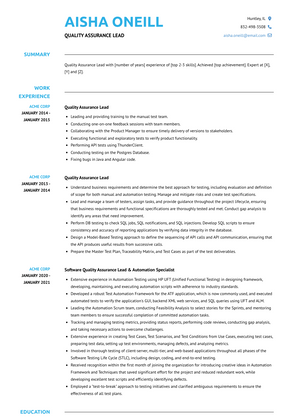 Quality Assurance Lead Resume Sample and Template