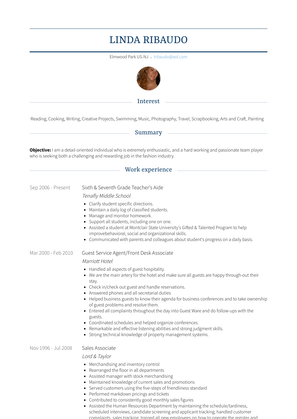 Sixth & Seventh Grade Teacher's Aide Resume Sample and Template
