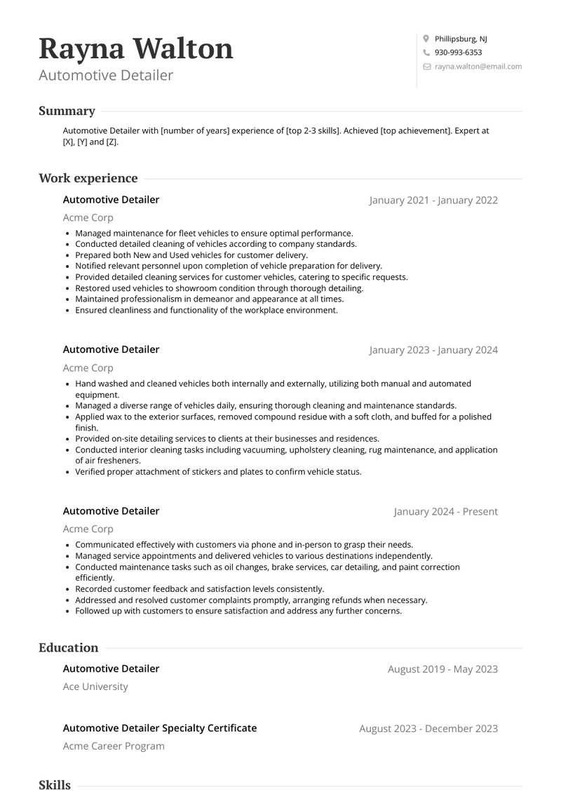 Automotive Detailer Resume Sample and Template