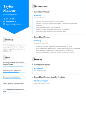 Power Plant Operator Resume Sample and Template