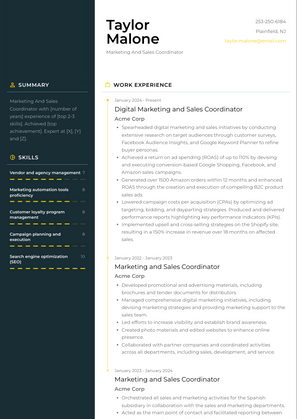 Marketing And Sales Coordinator Resume Sample and Template