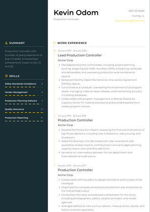 Production Controller Resume Sample and Template
