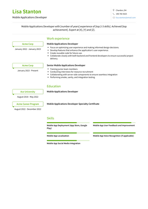 Mobile Applications Developer Resume Sample and Template
