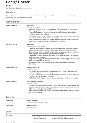 Art Teacher Resume Sample and Template