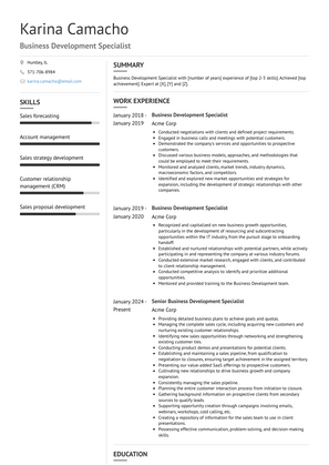 Business Development Specialist Resume Sample and Template
