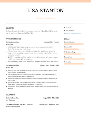 Car Sales Consultant Resume Sample and Template