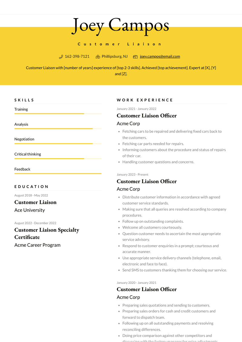Customer Liaison Resume Sample and Template