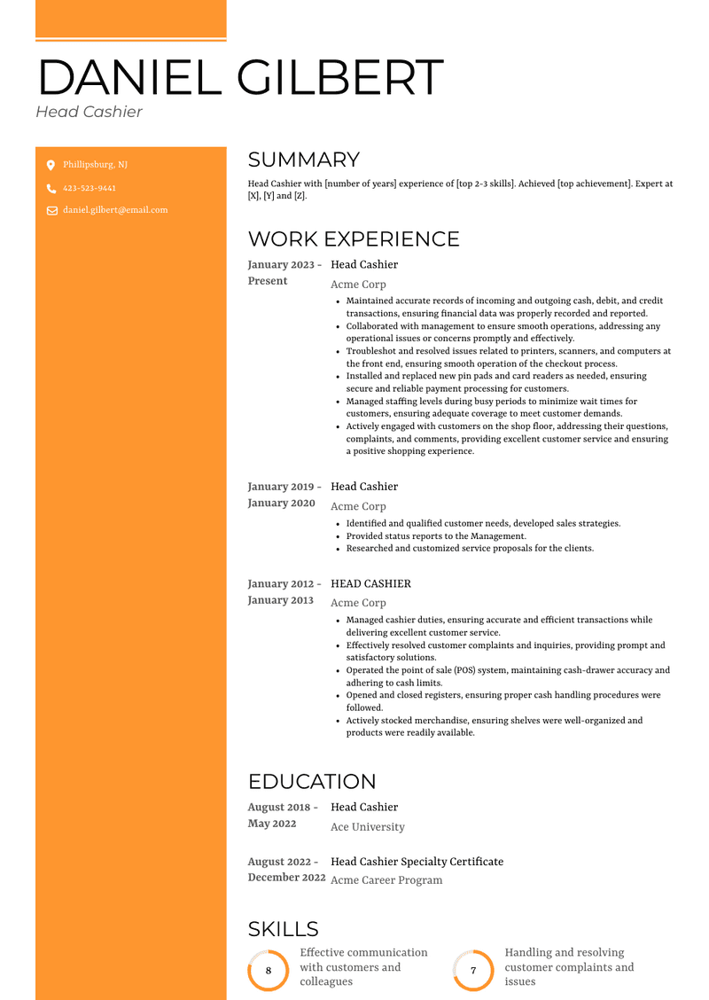 Head Cashier Resume Sample and Template