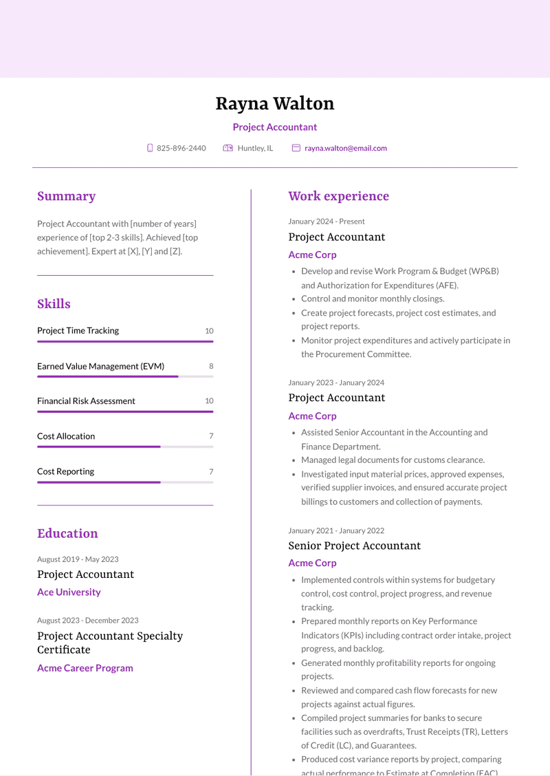 Project Accountant Resume Sample and Template