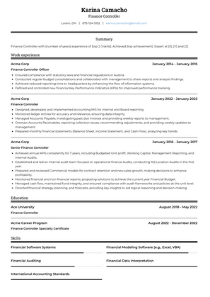 Finance Controller Resume Sample and Template