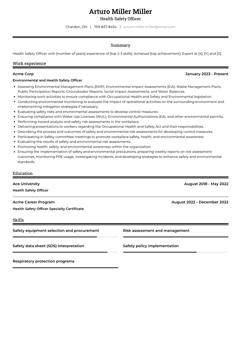 Health Safety Officer Resume Sample and Template