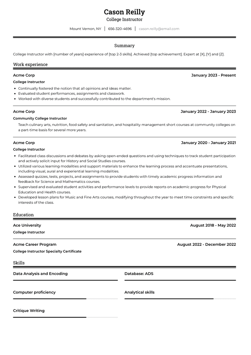College Instructor Resume Sample and Template