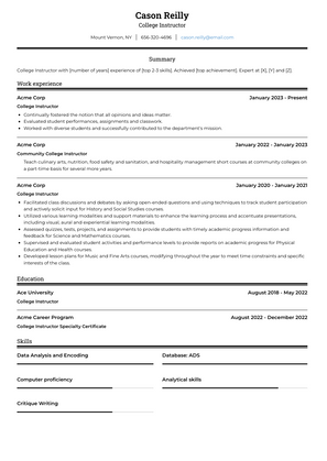 College Instructor Resume Sample and Template