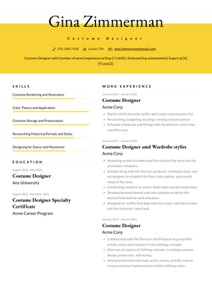 Costume Designer Resume Sample and Template