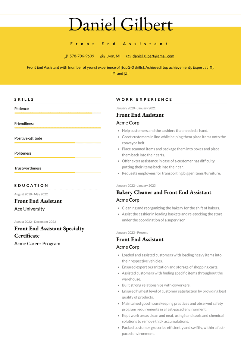 Front End Assistant Resume Sample and Template