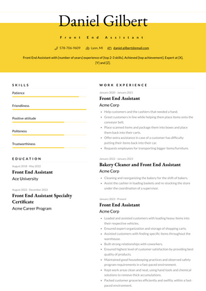 Front End Assistant Resume Sample and Template