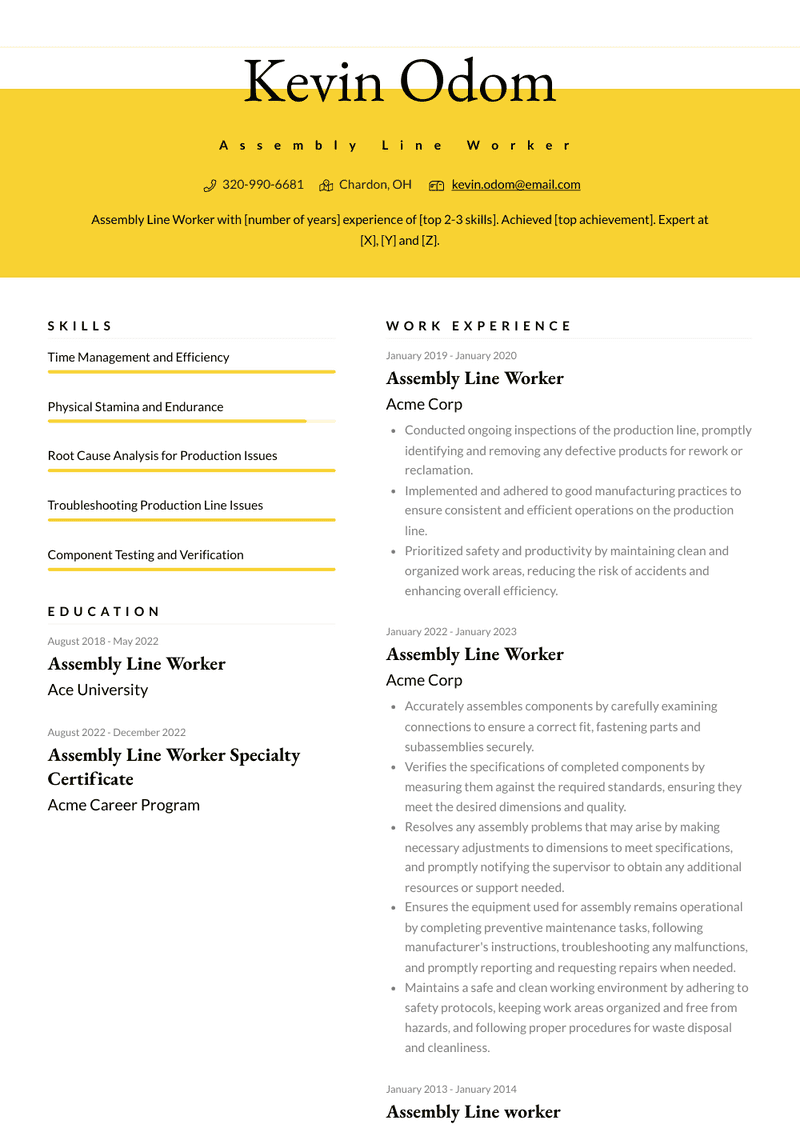 Assembly Line Worker Resume Sample and Template