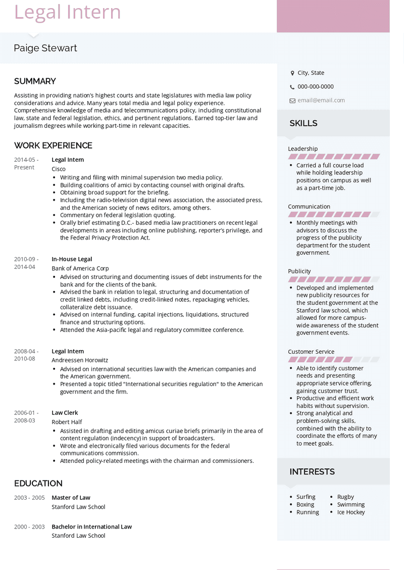 Legal Intern Resume Sample and Template