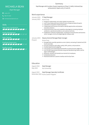 Dept Manager Resume Sample and Template