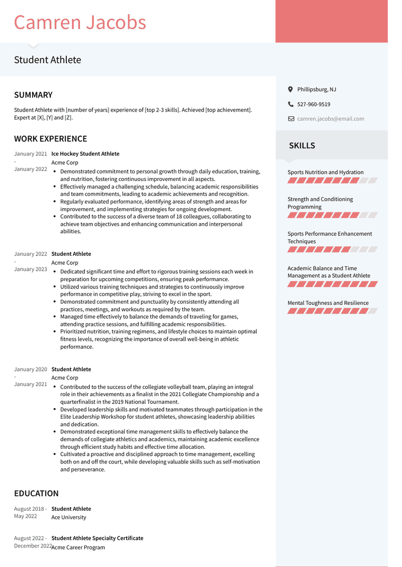 Student Athlete Resume Sample and Template