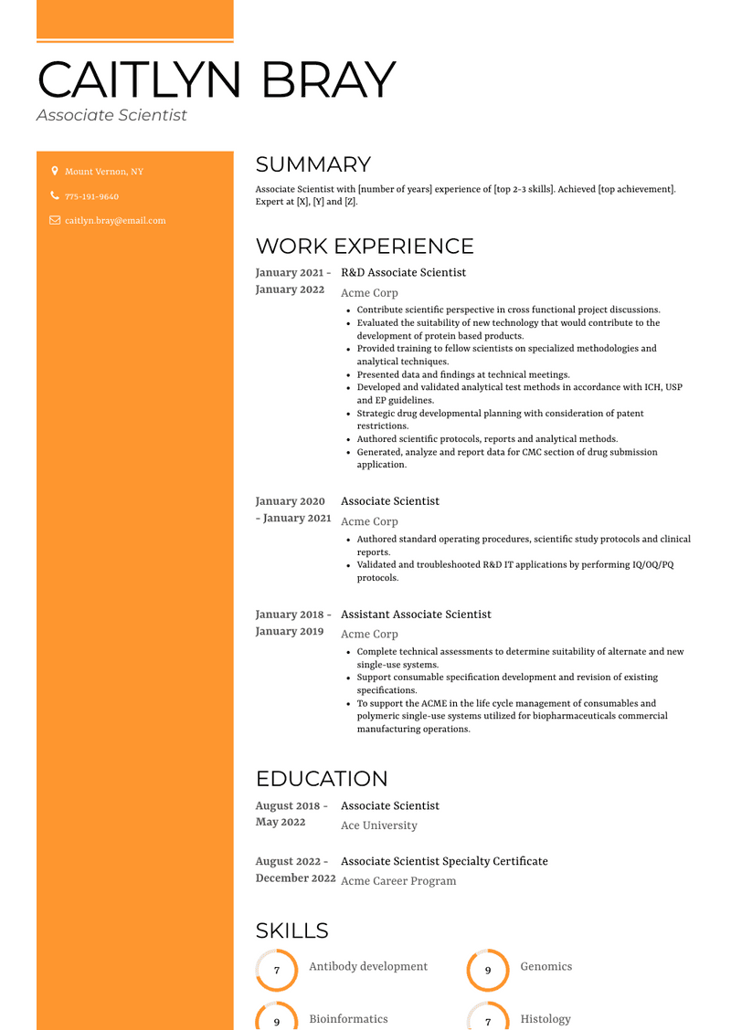 Associate Scientist Resume Sample and Template