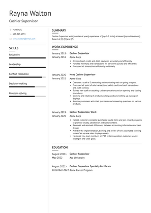 Cashier Supervisor Resume Sample and Template