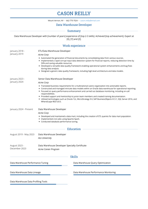 Data Warehouse Developer Resume Sample and Template