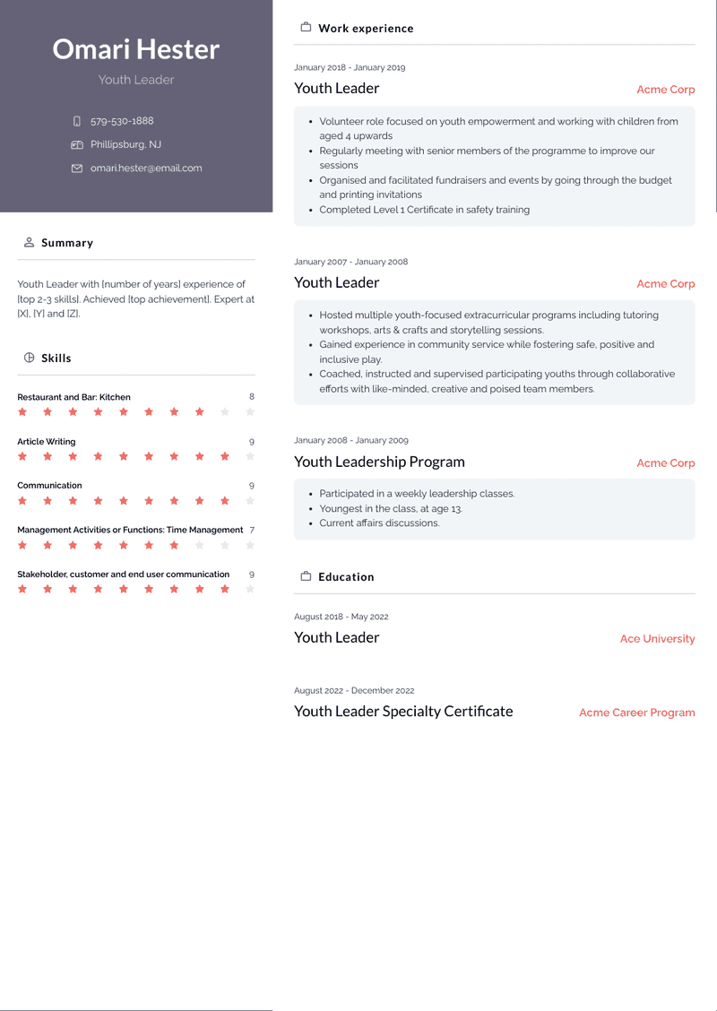 Youth Leader Resume Sample and Template