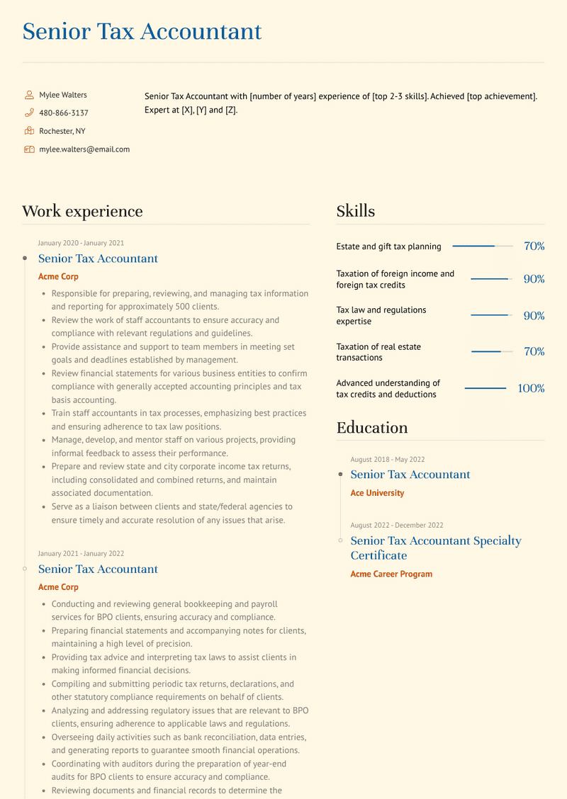 Senior Tax Accountant Resume Sample and Template