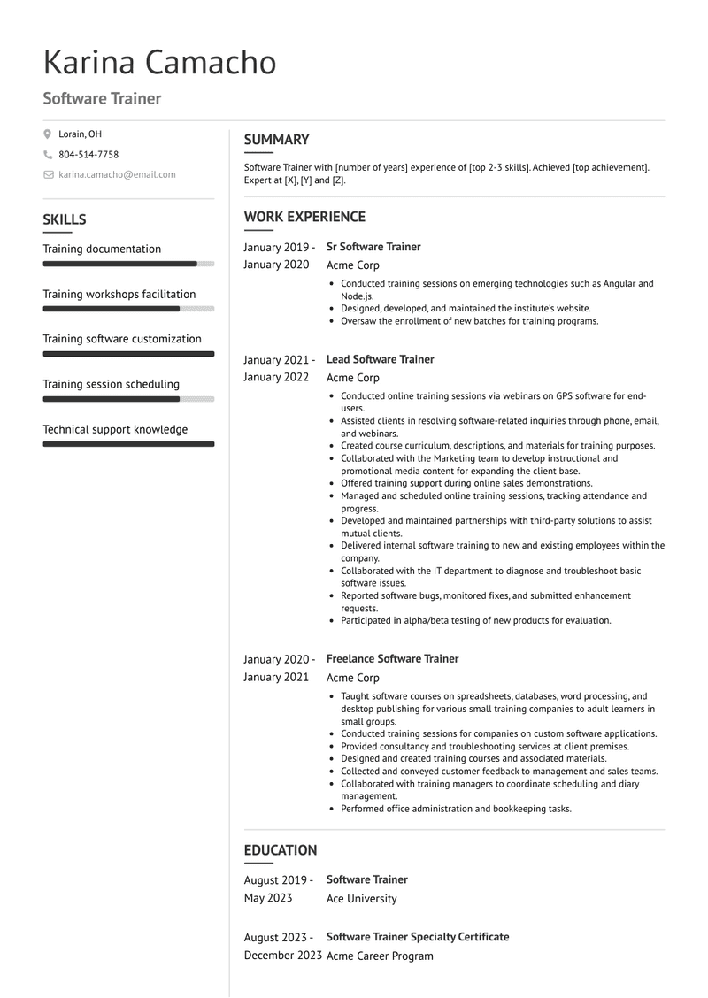 Software Trainer Resume Sample and Template