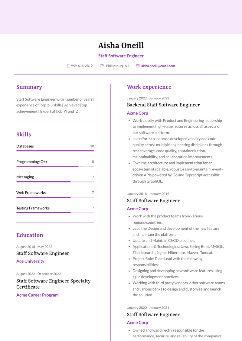 Staff Software Engineer Resume Sample and Template